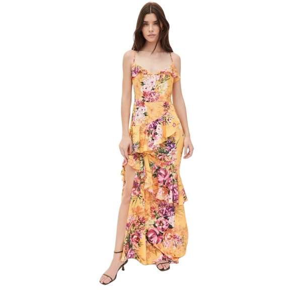 MARCHESA NOTTE Floral Print Crepe Ruffle Gown in Marigold - Picture 3 of 11
